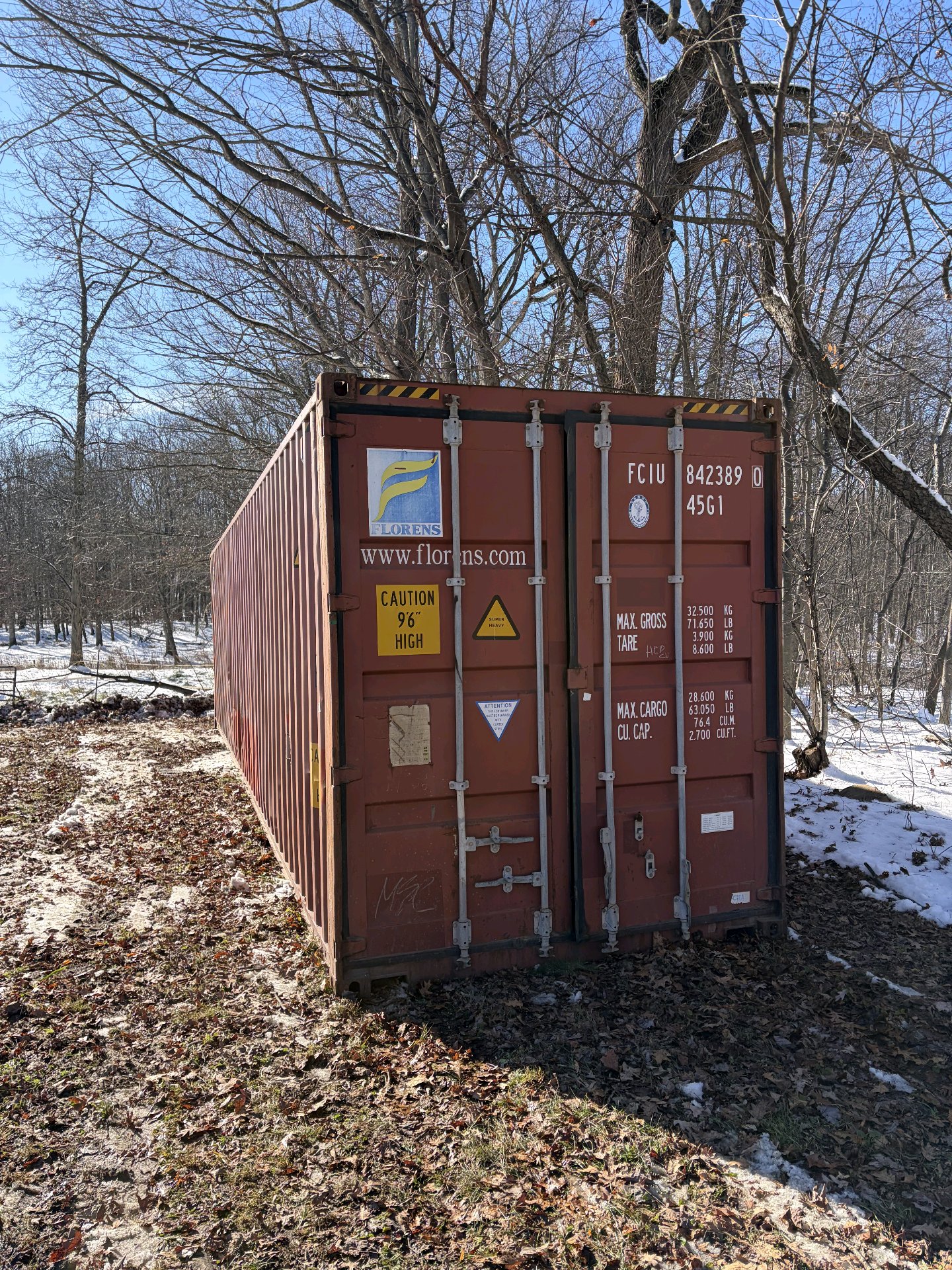 40 ft High-Cube Cargo Worthy container, Florens livery, door end showing locking rods and CAUTION 96 HIGH placard