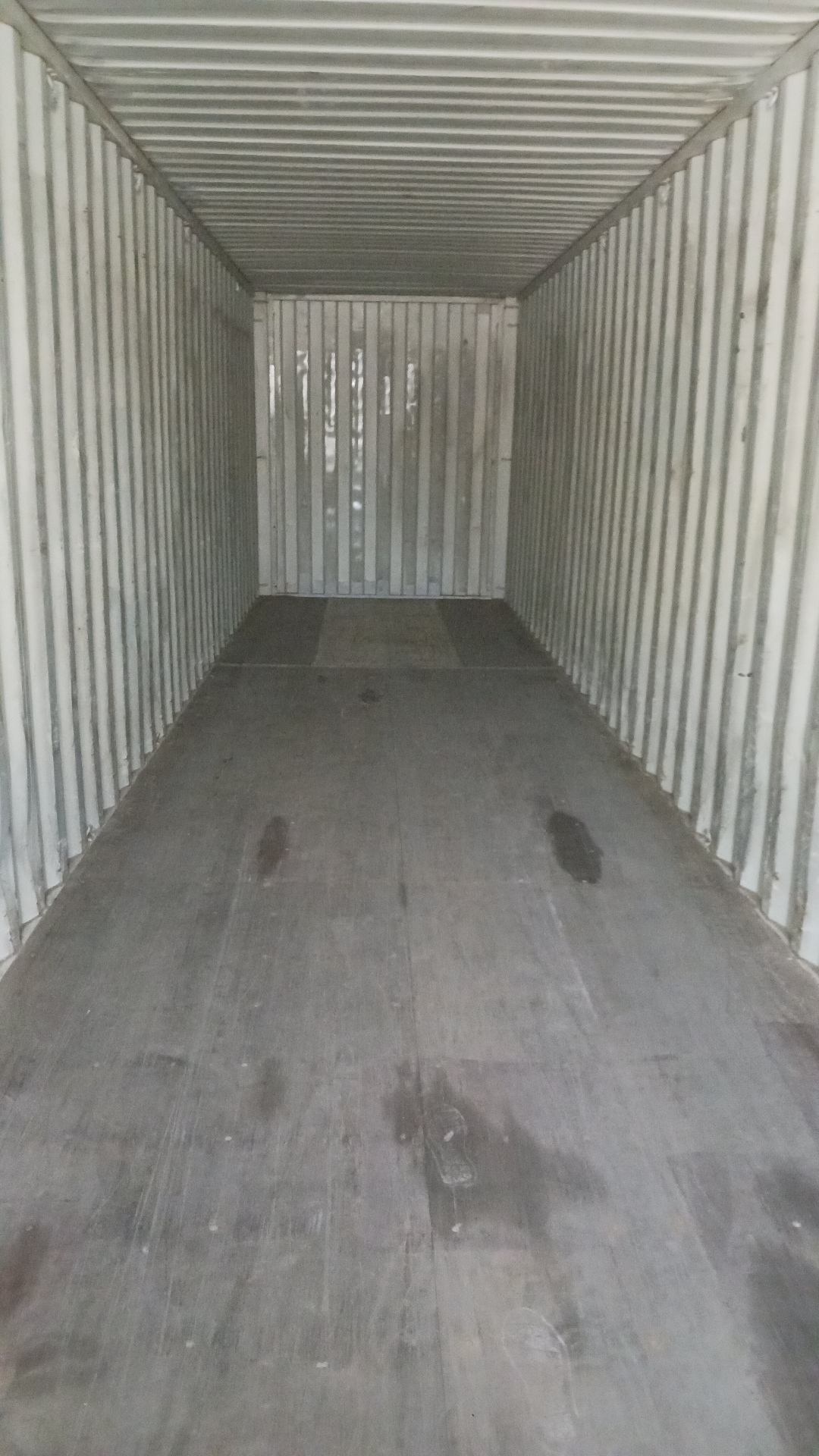 Interior of a 40 ft High-Cube Cargo Worthy container, clean steel walls and floor, doors open, daylight visible