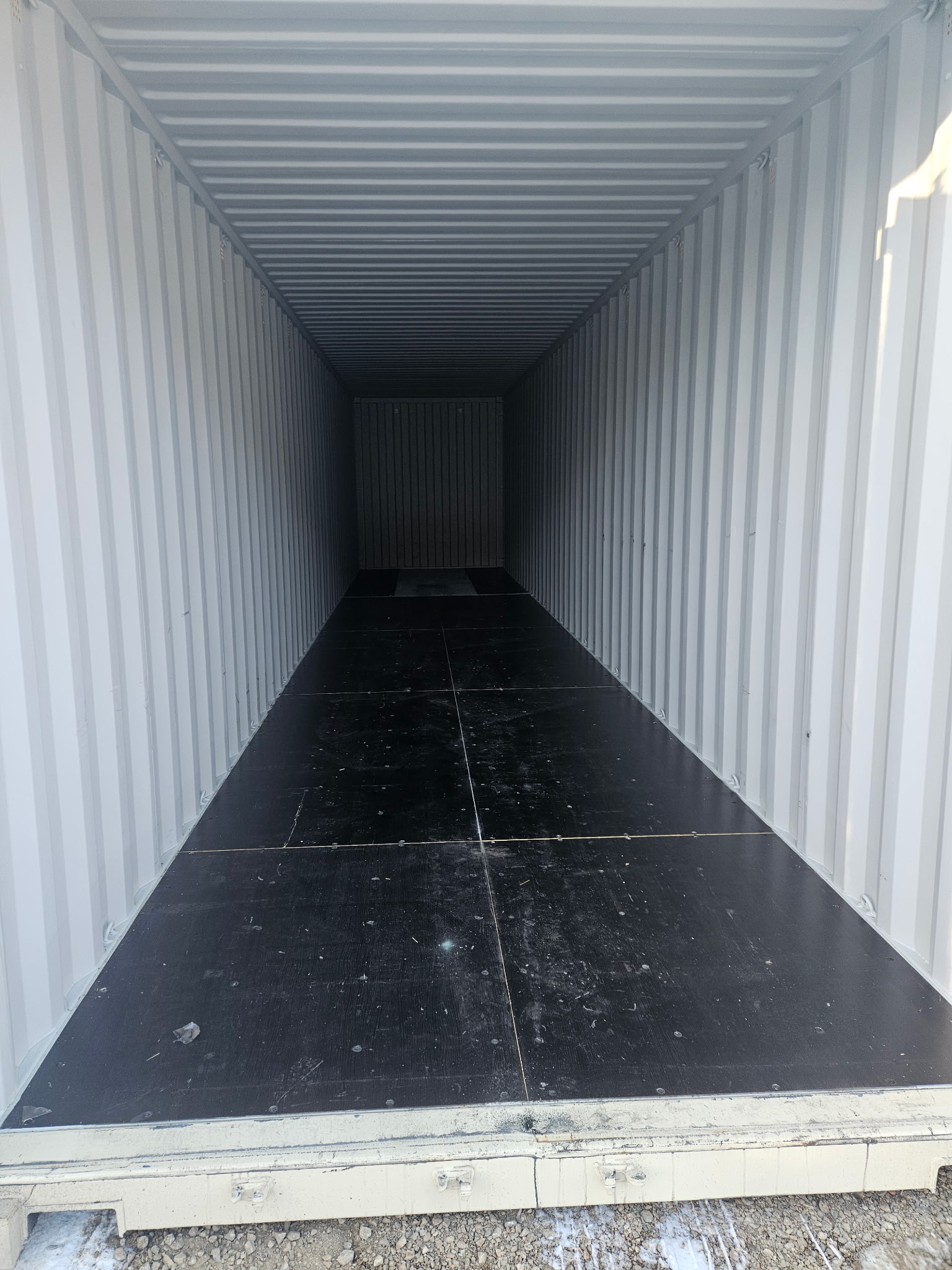 Interior of a 40 ft High-Cube One-Trip container, clean white corrugated steel walls, black bamboo flooring, doors open
